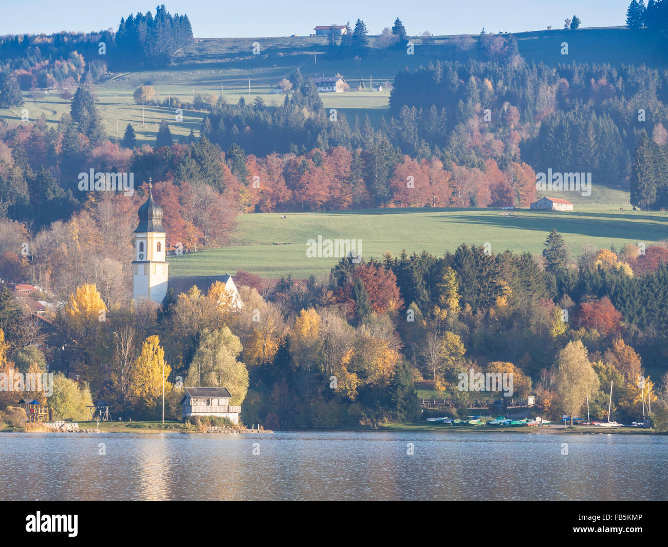 Mountain range, Meadows at Lake Rottach (Rottachsee), near village Petersthal , autumn, colorful trees, Allgaeu, Bavaria, German Stock Photo
