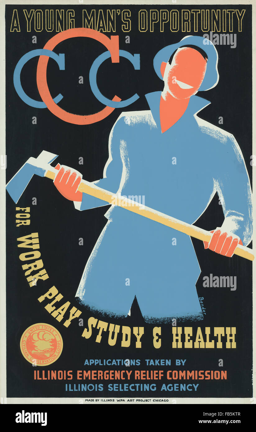 Work Projects Administration (WPA) poster promoting the Civilian Conservation Corp produced between 1936 and 1943. (Library of Congress) Stock Photo