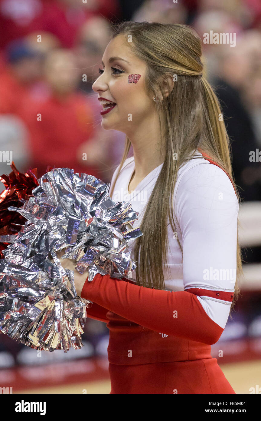 Madison, WI, USA. 9th Jan, 2016. Wisconsin dance team member entertains the crowd during the NCAA Basketball game between the Maryland Terrapins and the Wisconsin Badgers at the Kohl Center in Madison, WI. Maryland defeated Wisconsin 63-60. John Fisher/CSM/Alamy Live News Stock Photo