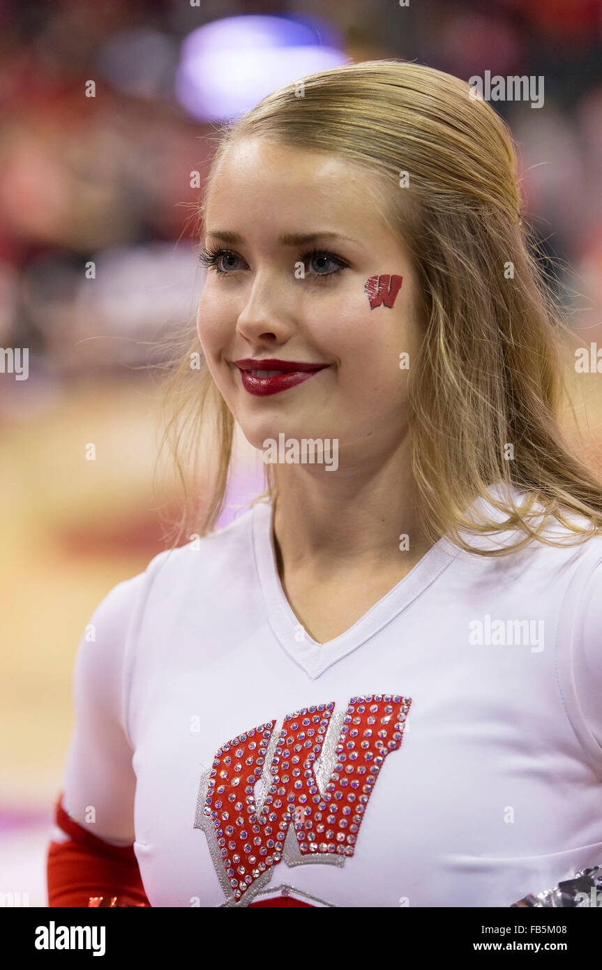 Madison, WI, USA. 9th Jan, 2016. Wisconsin dance member entertains the crowd during the NCAA Basketball game between the Maryland Terrapins and the Wisconsin Badgers at the Kohl Center in Madison, WI. Maryland defeated Wisconsin 63-60. John Fisher/CSM/Alamy Live News Stock Photo