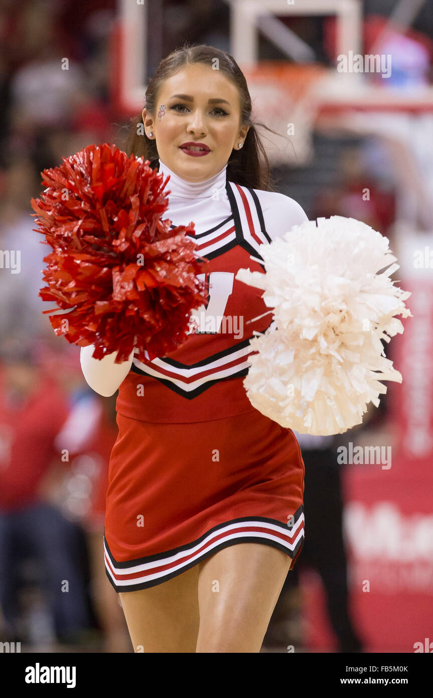 Madison, WI, USA. 9th Jan, 2016. Wisconsin cheerleader runs onto the court during the NCAA Basketball game between the Maryland Terrapins and the Wisconsin Badgers at the Kohl Center in Madison, WI. Maryland defeated Wisconsin 63-60. John Fisher/CSM/Alamy Live News Stock Photo
