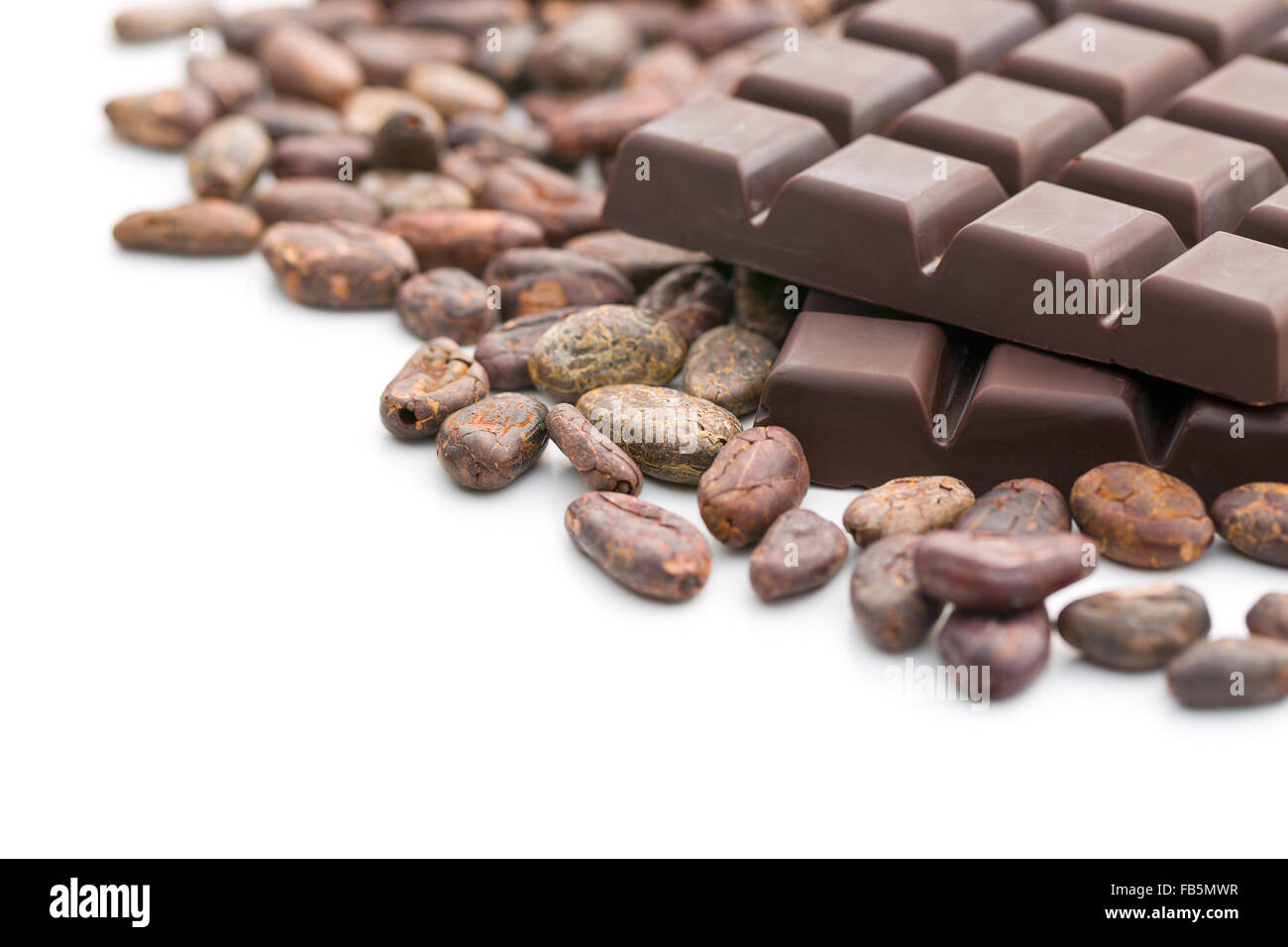 dark chocolate bars and cocoa beans on white background Stock Photo - Alamy