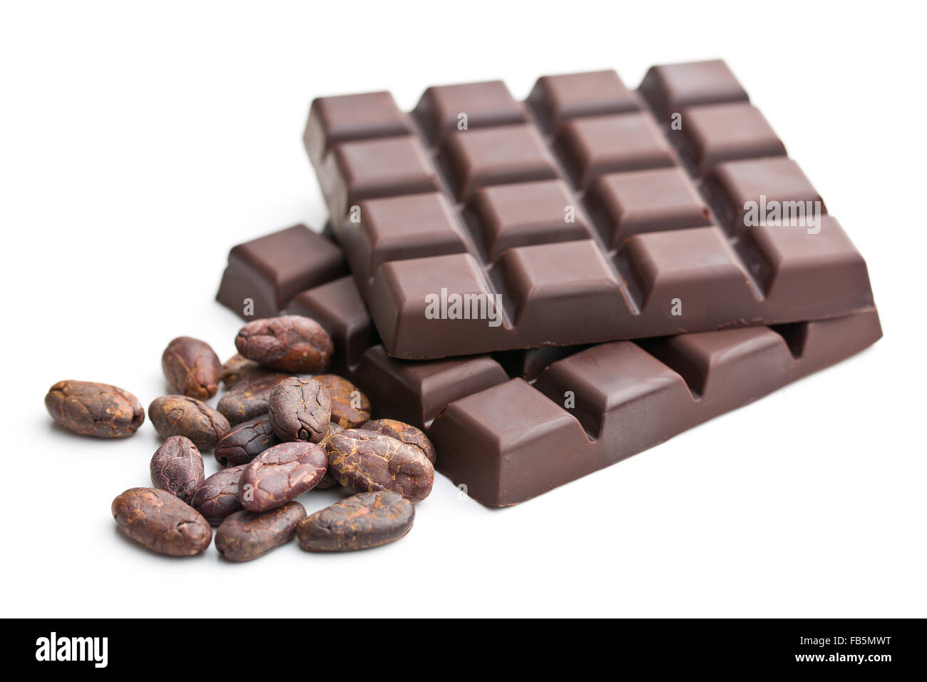 dark chocolate bars and cocoa beans on white background Stock Photo - Alamy