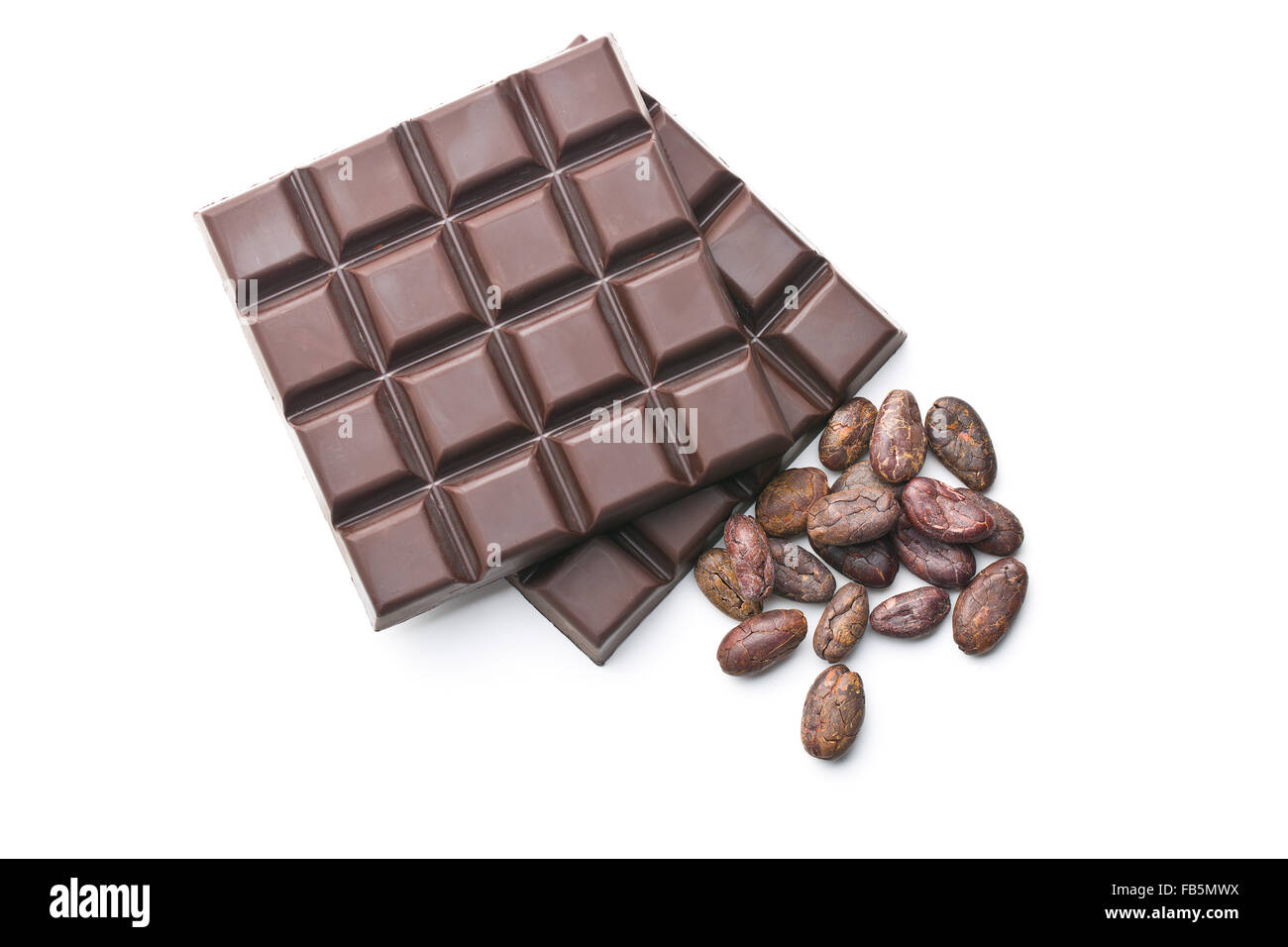 dark chocolate bars and cocoa beans on white background Stock Photo - Alamy