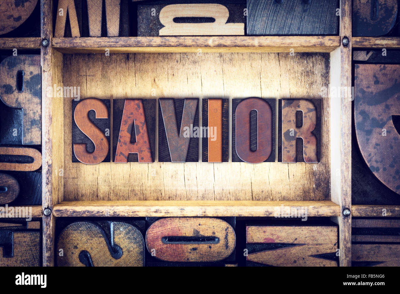 The word "Savior" written in vintage wooden letterpress type Stock