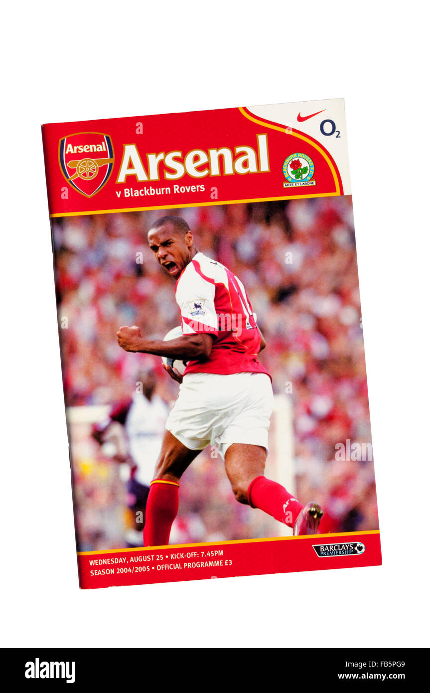 Football programme for Arsenal v Blackburn Rovers in the Barclays Premiership on 25 August 2004. Cover shows Thierry Henry. Stock Photo