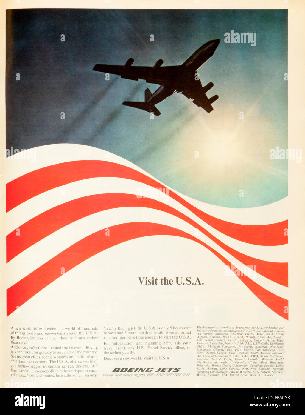 1960s magazine advertisement advertising visiting America by Boeing. Stock Photo