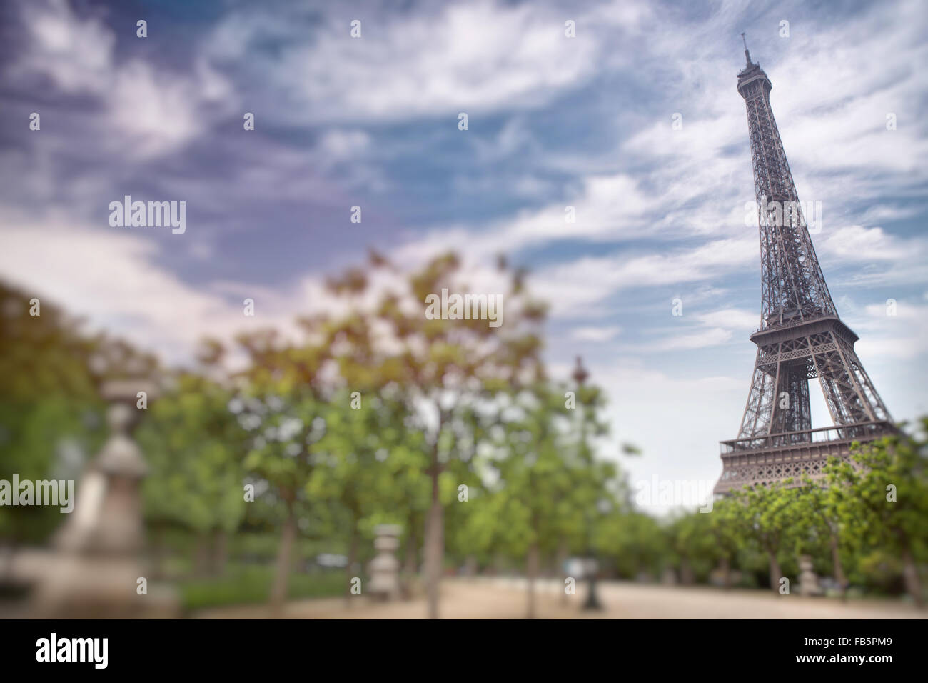 Eiffel tower in Paris, France. Tilt shift photography Stock Photo