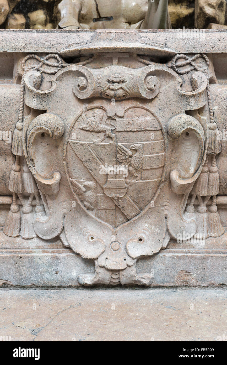 Ancient coat of arms at famous Residenz Fountain in Salzburg, Austria