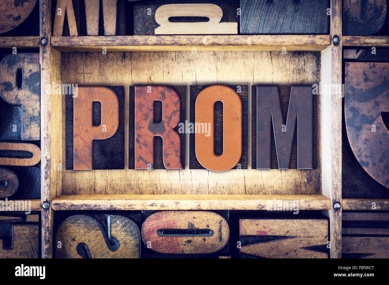 The word 'Prom' written in vintage wooden letterpress type. Stock Photo