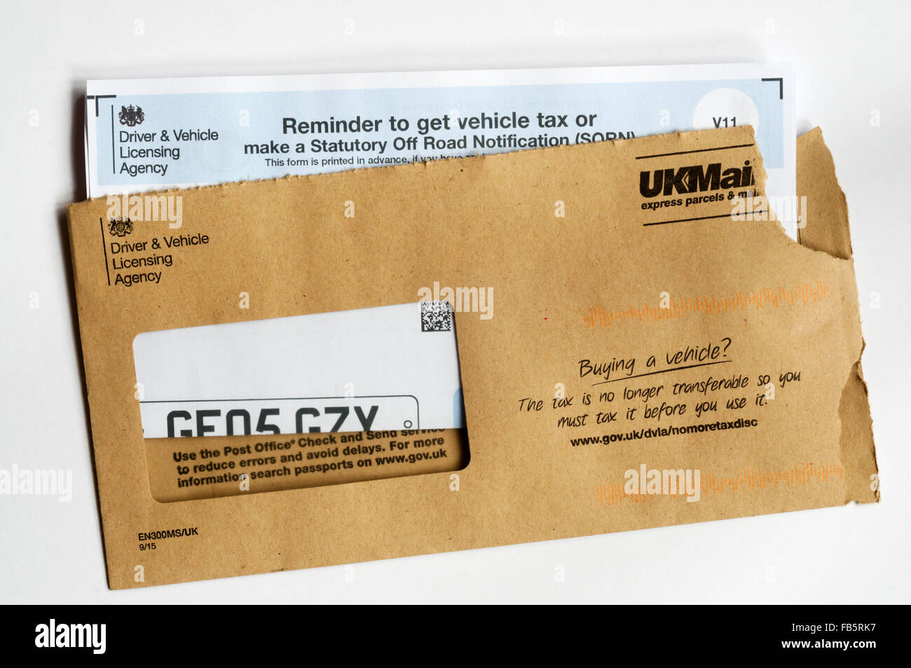 A Vehicle Tax reminder from the DVLA. Stock Photo