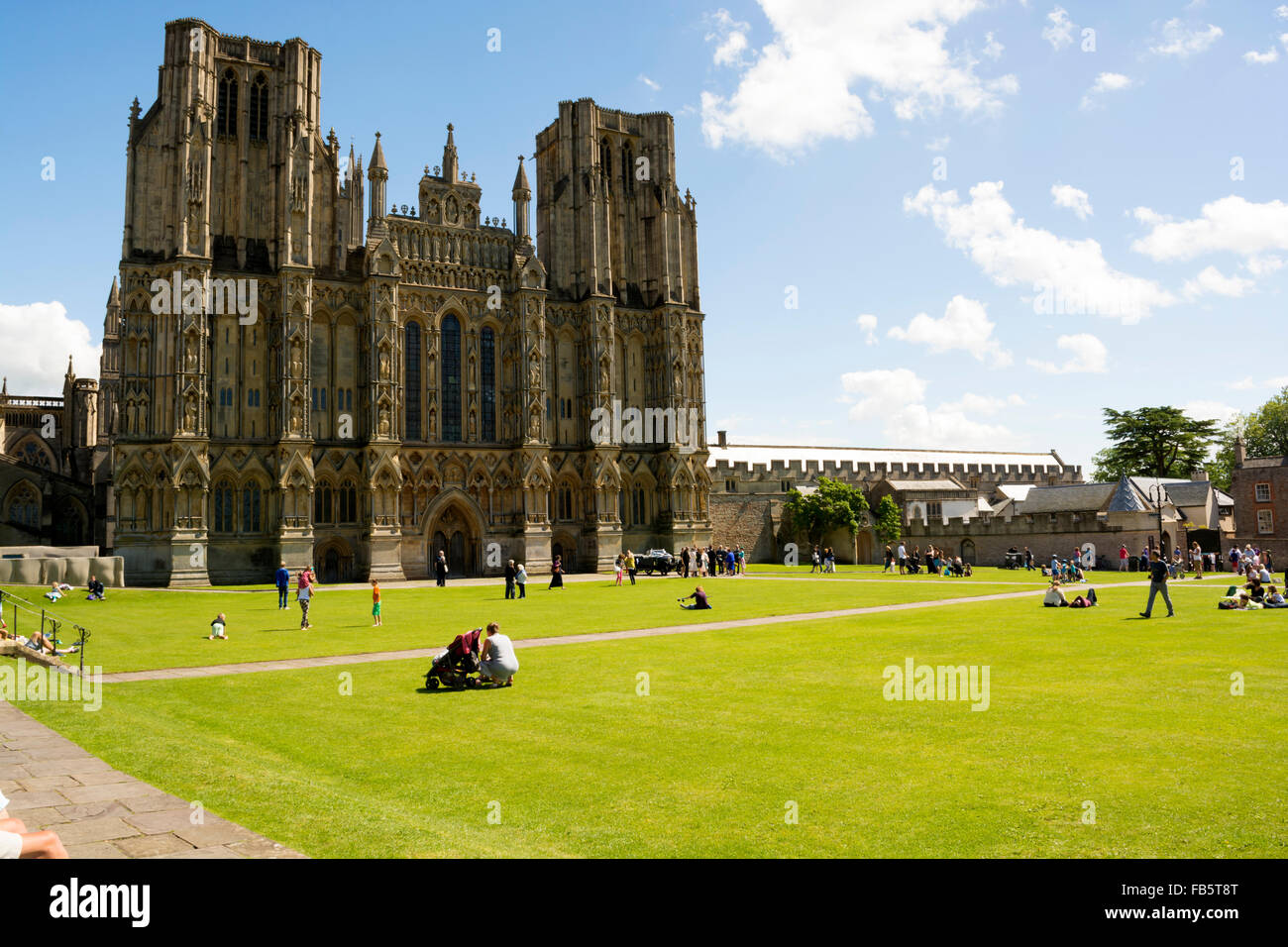 The cathedral green in front of Wells Cathedral in the heart of the city of Wells, Somerset, UK Stock Photo