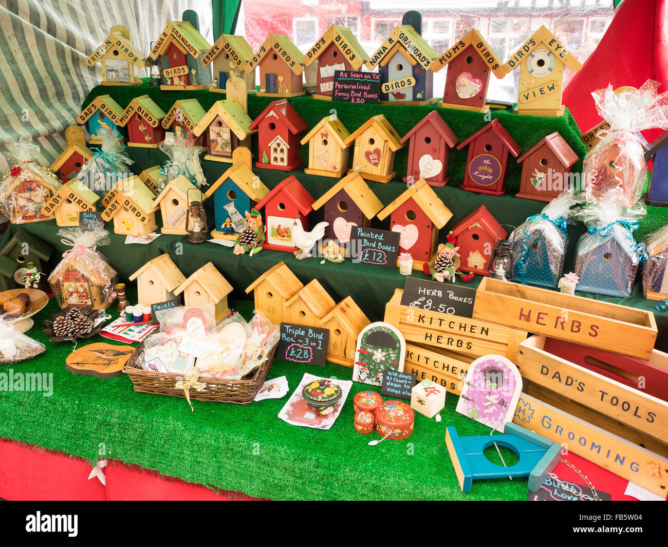 Wooden Bird Boxes Christmas Market Stall Presents Gifts Stock Photo