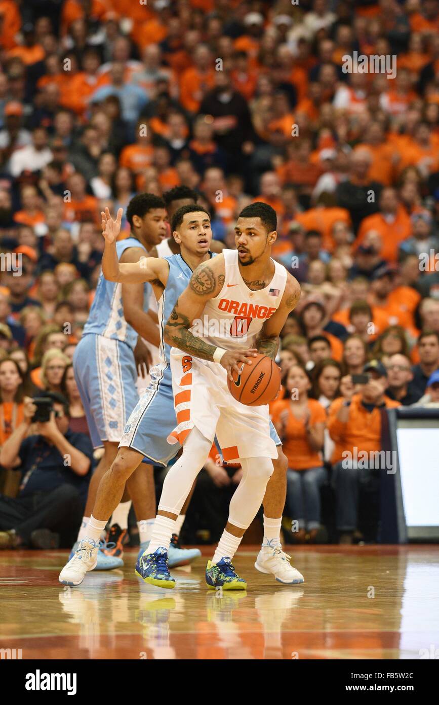 Syracuse, NY, USA. 9th Jan, 2016. Syracuse forward Michael Gbinije (0) looks to pass the ball as North Carolina defeated Syracuse 84-73 in front of 26,811 fans in an ACC matchup at the Carrier Dome in Syracuse, NY. Photo by Alan Schwartz/Cal Sport Media/Alamy Live News Stock Photo