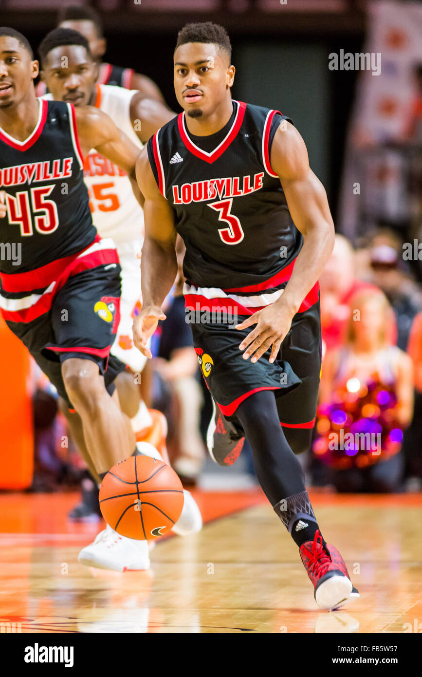 Louisville Cardinals guard Trey Lewis (3) dribbles the ball up the court  during the NCAA basketball game between Louisville and Clemson on Sunday,  January 10, 2016 at Bon Secours Arena in Greenville