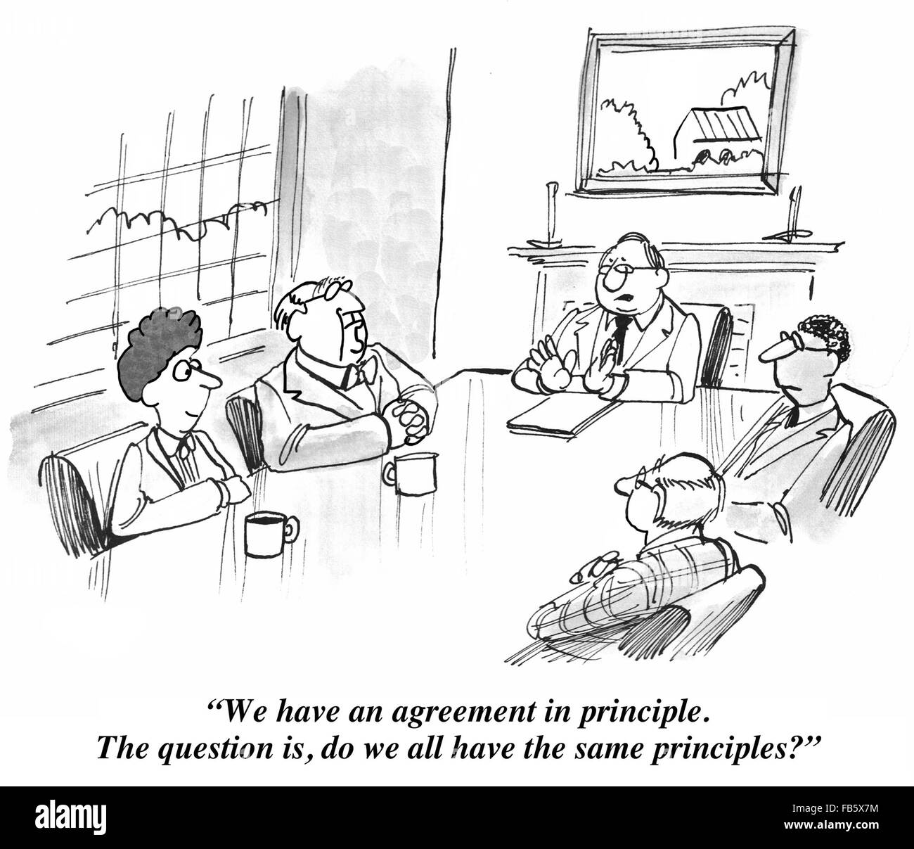 Business cartoon about negotiation.  They have an agreement in principle, but do they have the same principles. Stock Photo