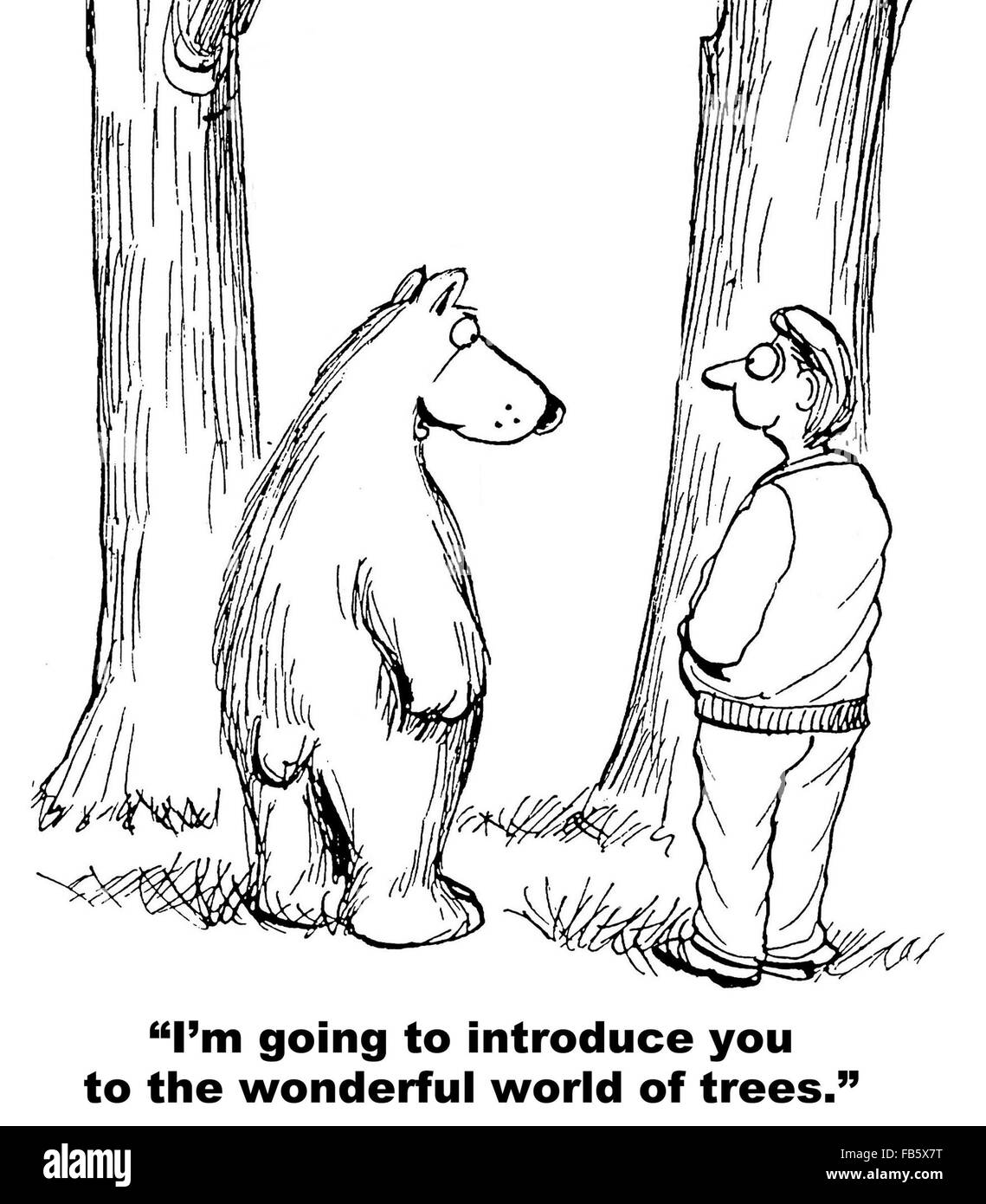 Nature cartoon.  The bear is introducing the human being to the wonderful world of trees. Stock Photo