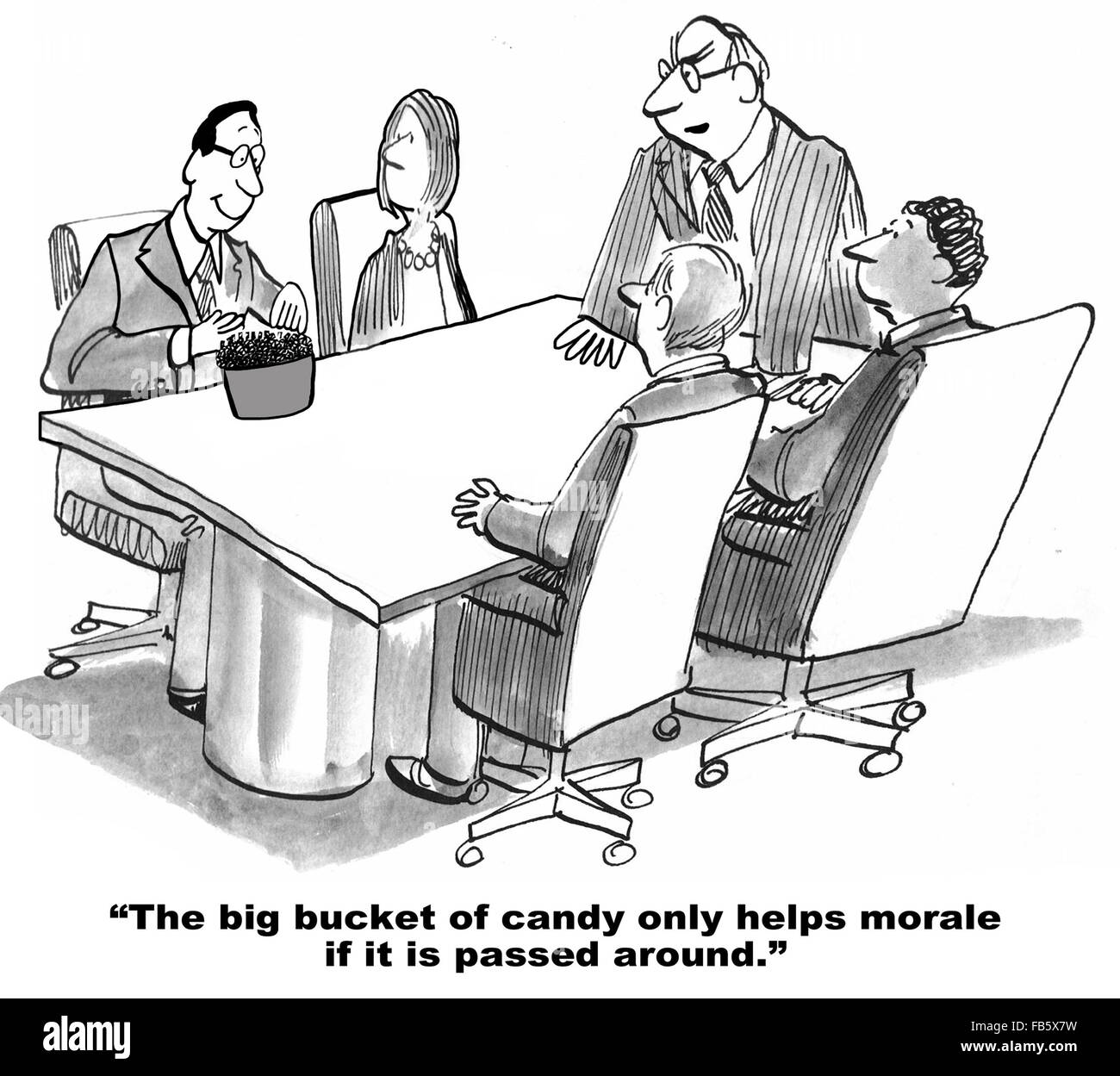Business cartoon about morale.  The big bucket of candy helps morale. Stock Photo