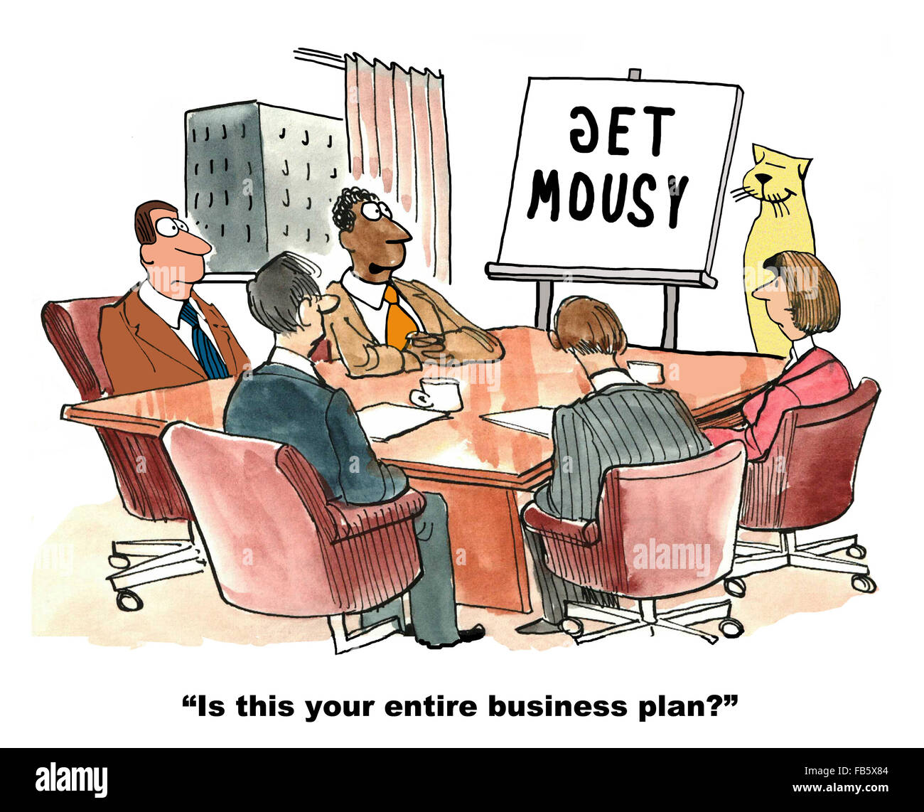 Business cartoon about planning.  The business cat had a two word business plan. Stock Photo