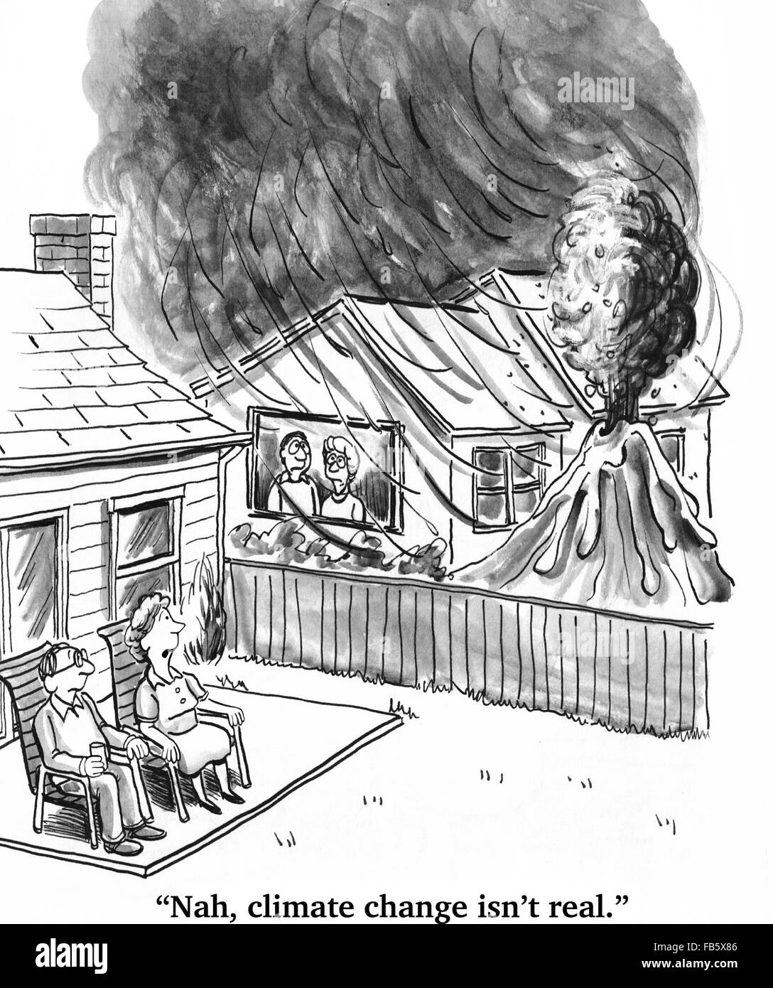 Climate change cartoon.  The neighbors suddenly have a volcano in their backyard, they believe in climate change now. Stock Photo