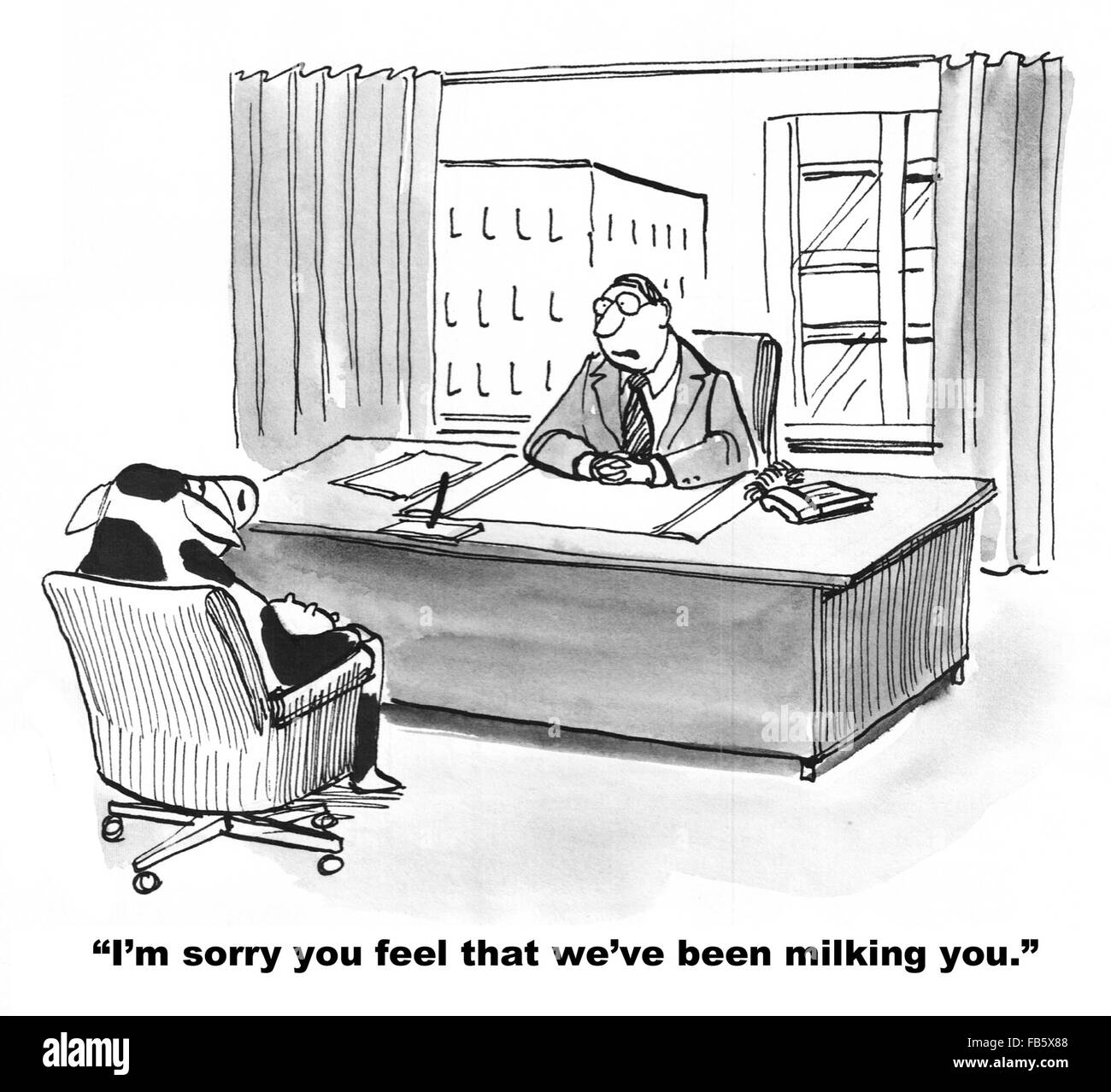 Business cartoon about corporate culture.  The business cow feels the company is using her. Stock Photo