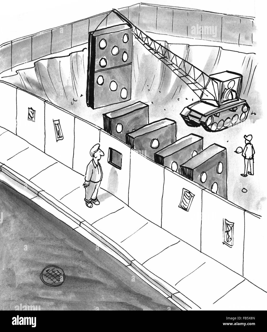 Building construction cartoon.  The building was being constructed with domino game pieces rather than steel girders. Stock Photo