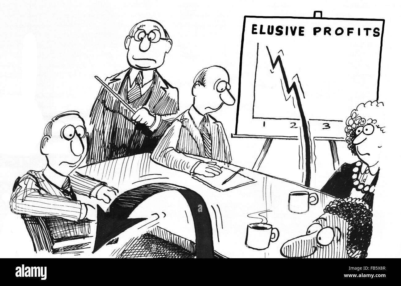 Business cartoon about finance.  The profits were falling so fast they were elusive. Stock Photo