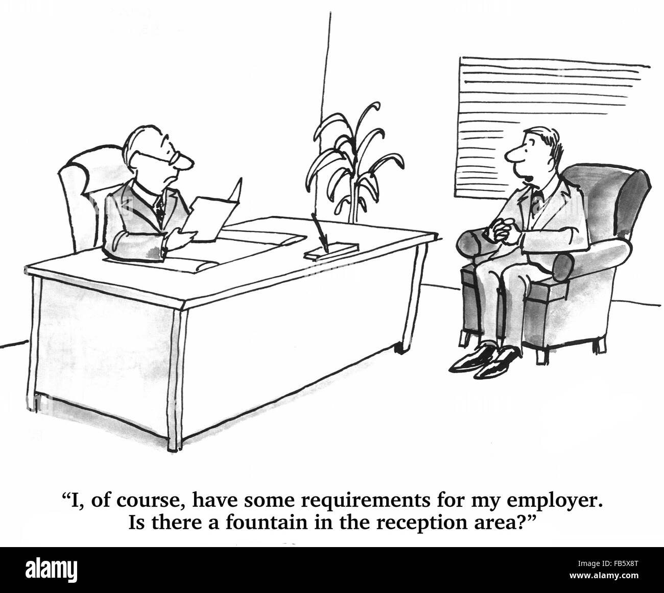 Business cartoon about job search.  The job candidate has some requirements of his potential employer. Stock Photo