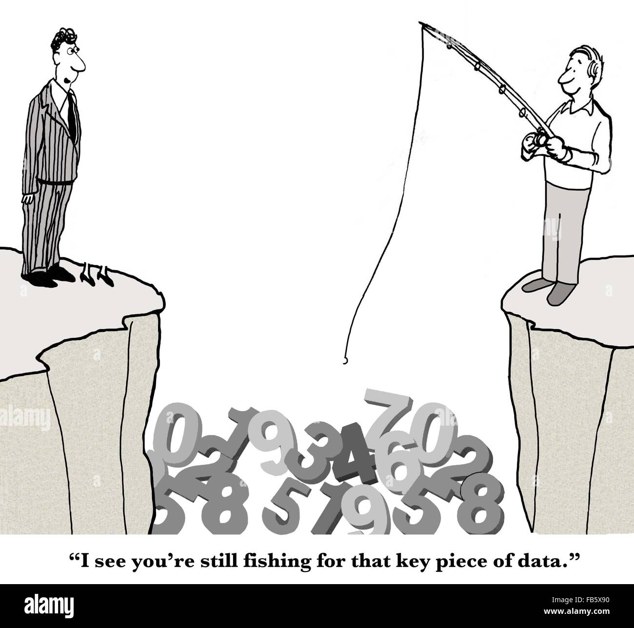 Business cartoon about big data. The businessman is fishing for a key piece  of missing data Stock Photo - Alamy
