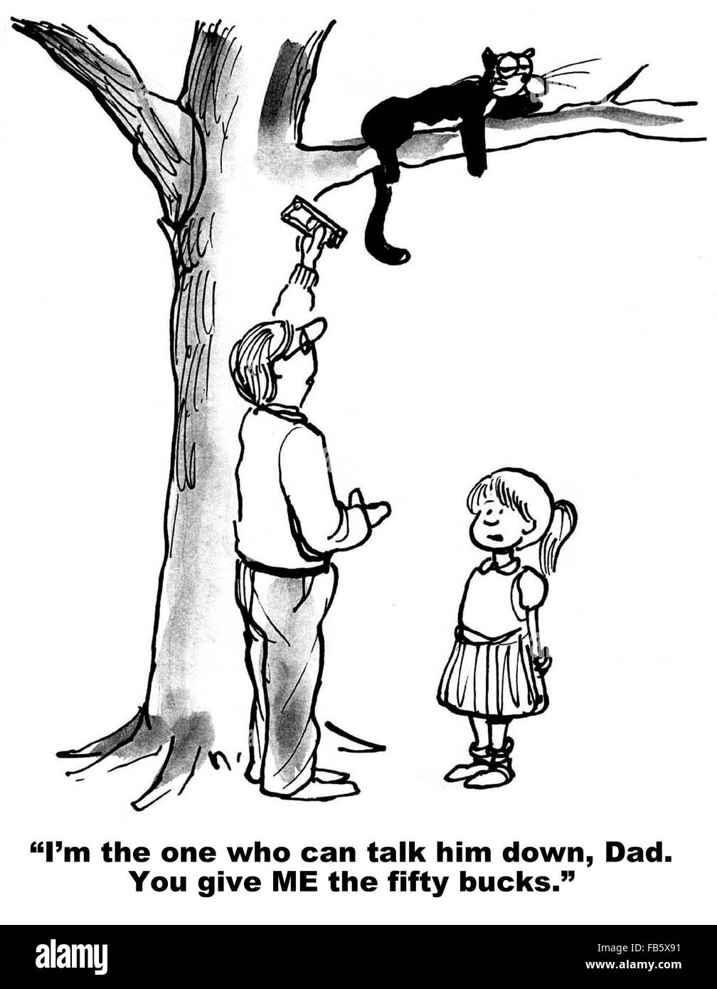Cat cartoon.  The little girl will help the cat come down from the tree for $50. Stock Photo