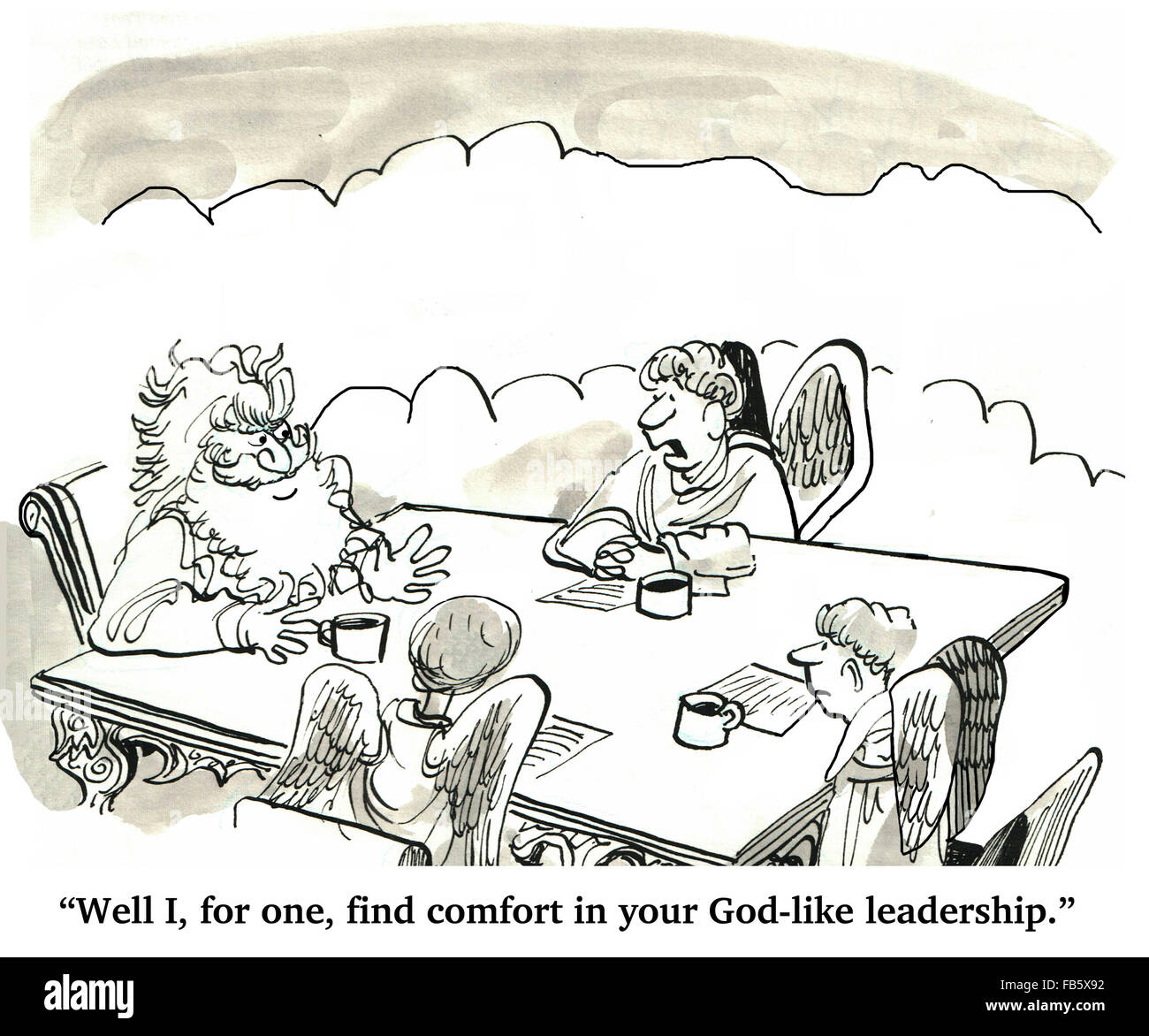 Business cartoon about leadership. The manager finds comfort in the businessman's God-like leadership. Stock Photo