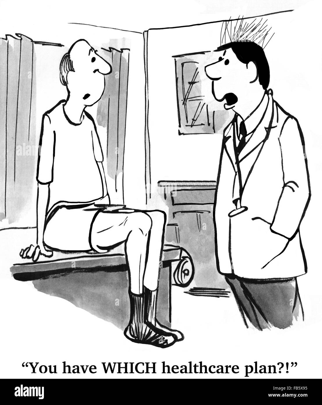 Medical cartoon.  The doctor is upset about the patient's health insurance plan. Stock Photo