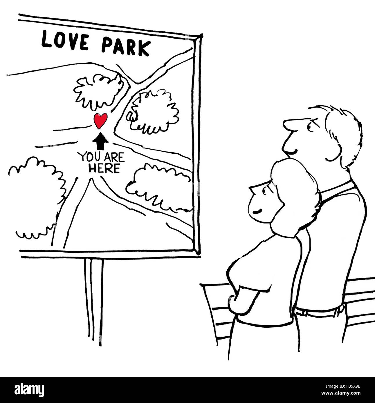 Valentine's Day cartoon.  They are together in Love Park. Stock Photo