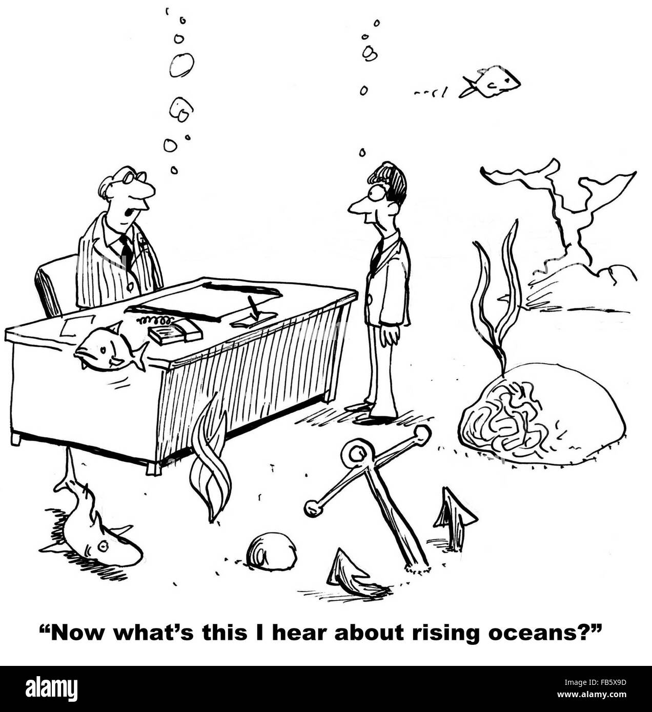 Climate change cartoon.  The rising oceans have resulted in the business operating under water. Stock Photo