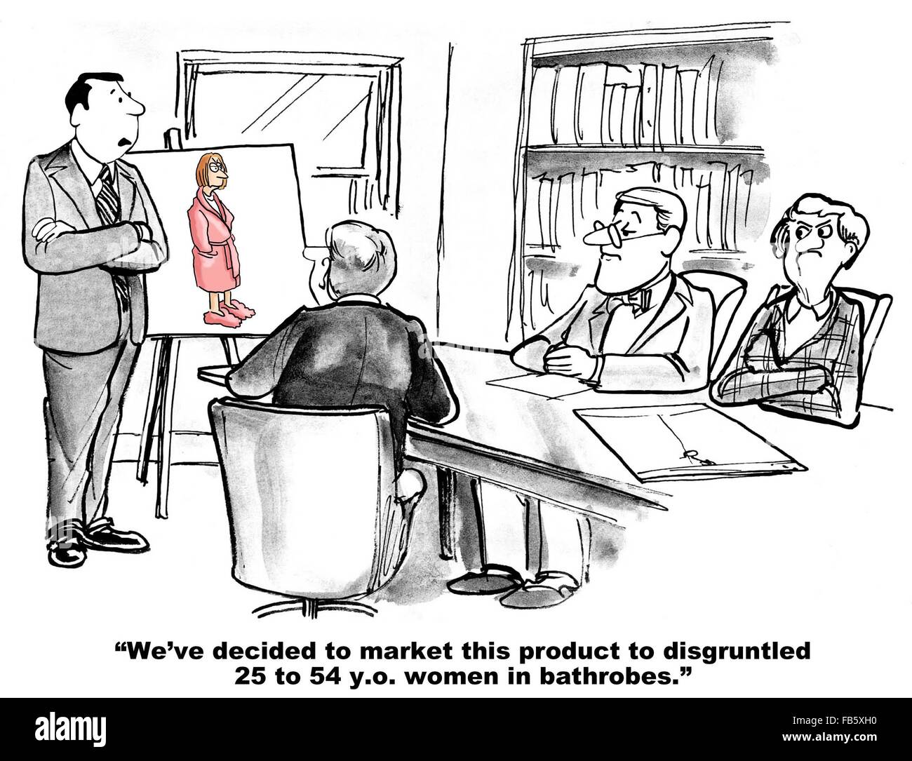 Business cartoon about marketing.  The team's target audience definition had gotten very tight and specific. Stock Photo