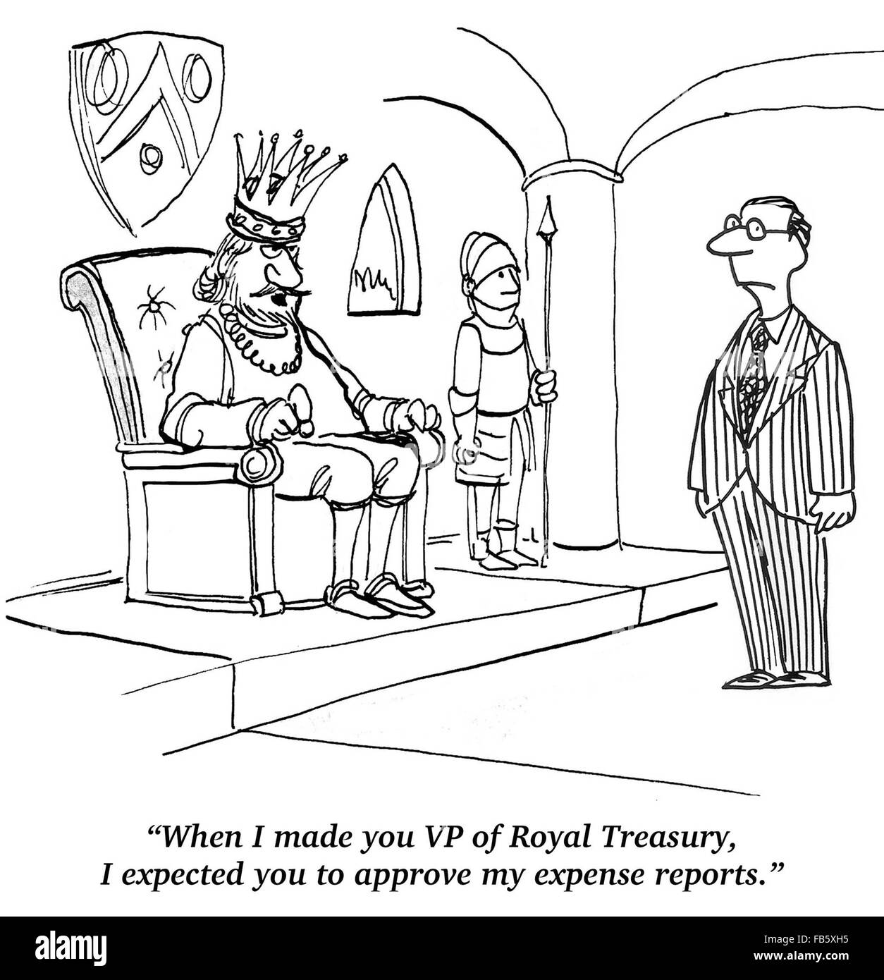 Business cartoon about finance.  The King just assumed his lavish expense reports would be approved. Stock Photo
