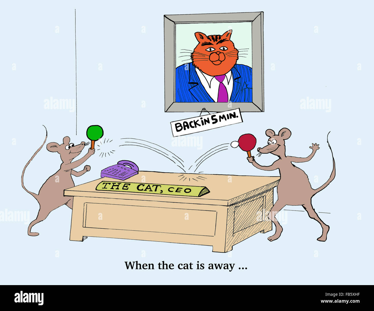 Business cartoon about corporate culture. When the cat is away the mice