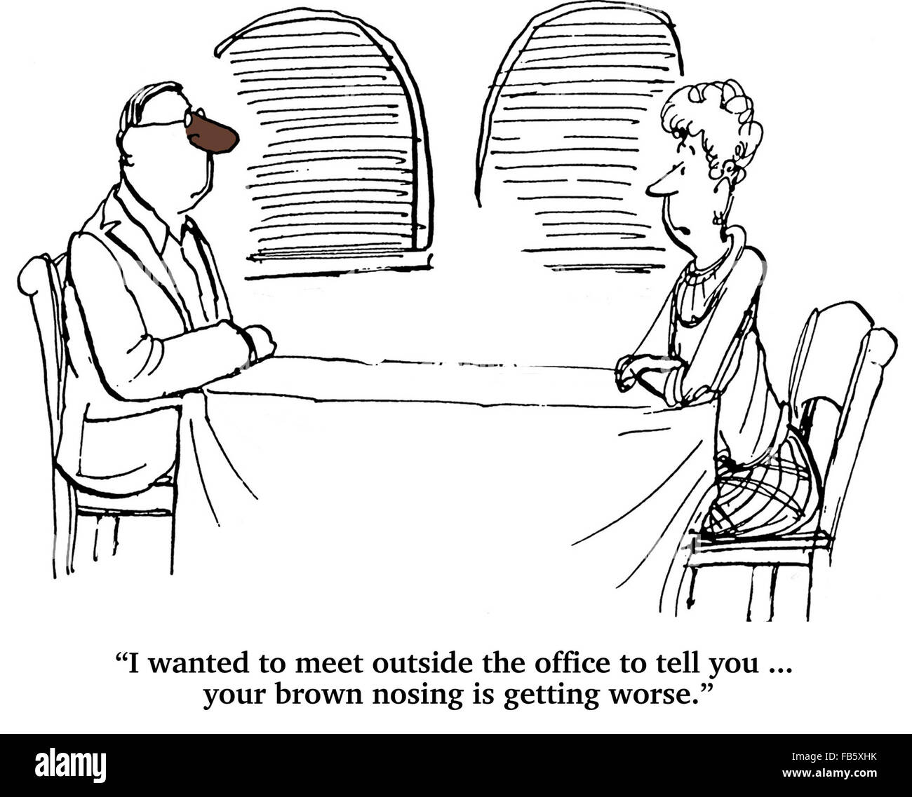 Business cartoon about difficult coworker.  The businesswoman told her coworker his brown nosing was getting worse. Stock Photo
