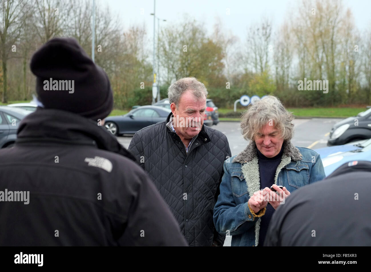 Jeremy Clarkson & James May filming at Reading Service Station, England, on 24th November 2015, for their new Amazon Prime show. Stock Photo