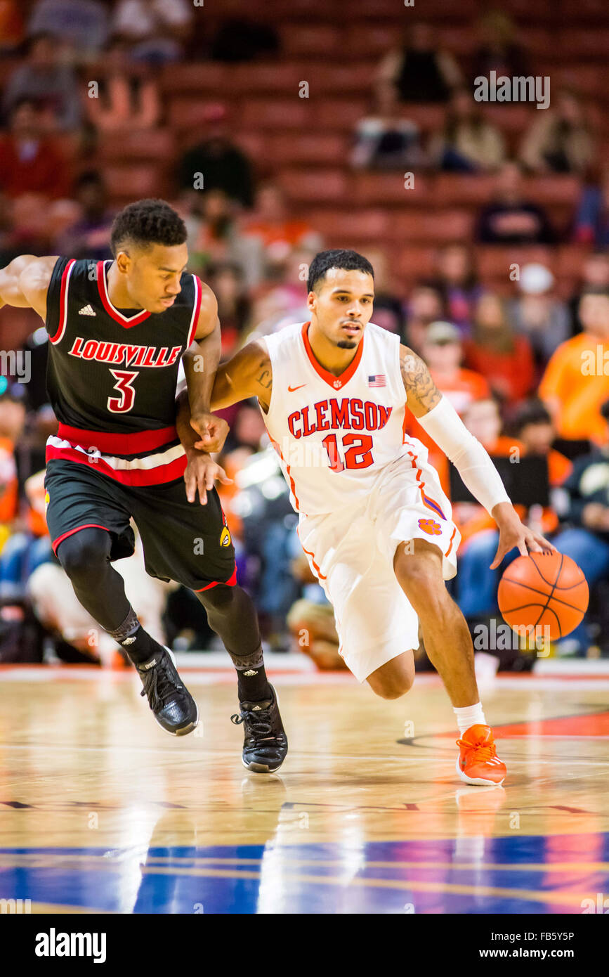 Louisville Cardinals guard Trey Lewis (3) dribbles the ball up the court  during the NCAA basketball game between Louisville and Clemson on Sunday,  January 10, 2016 at Bon Secours Arena in Greenville
