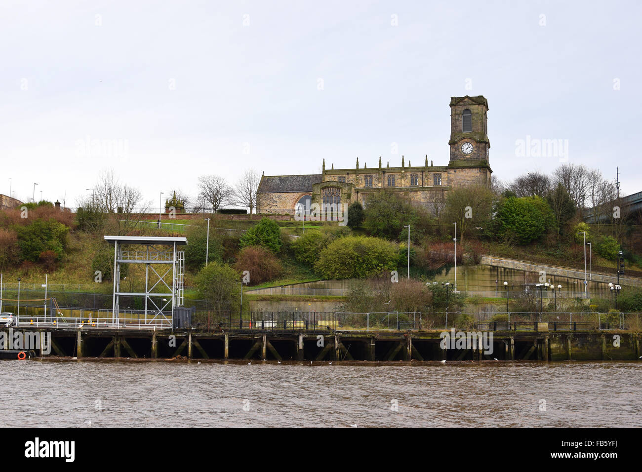 St Mary's church, Gateshead, overlooking the river Tyne, North East England Stock Photo