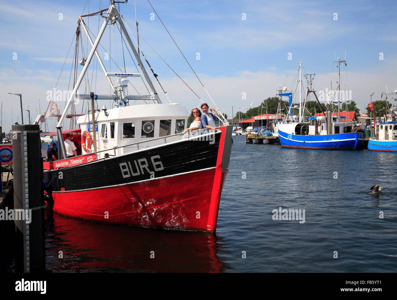 Tourist cruise ship, Burgstaaken harbour Fehmarn island, Baltic sea coast, Schleswig-Holstein, Germany Stock Photo
