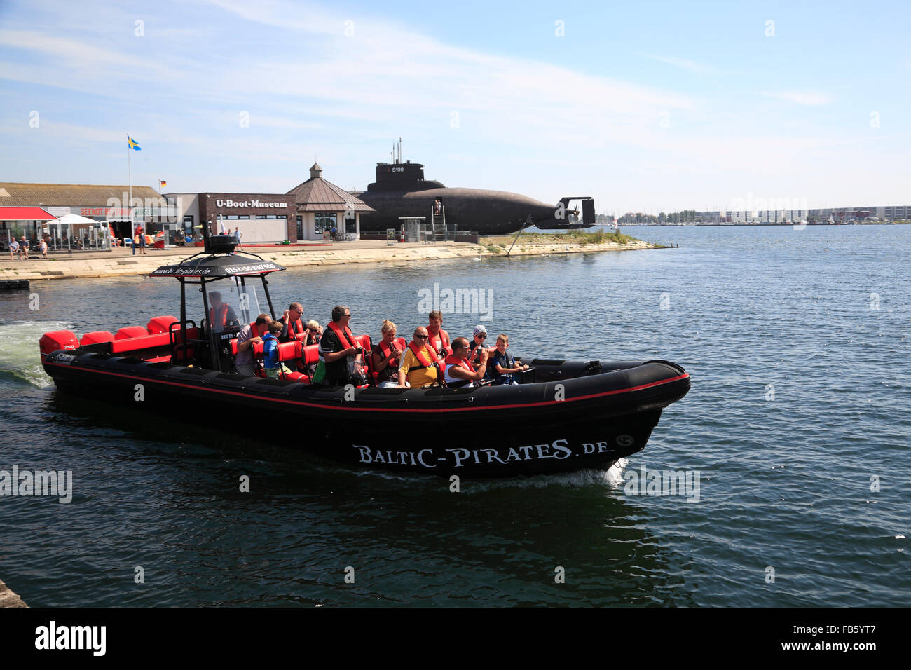 Speedboat with tourists, Fehmarn island, Baltic sea coast, Schleswig-Holstein, Germany Stock Photo