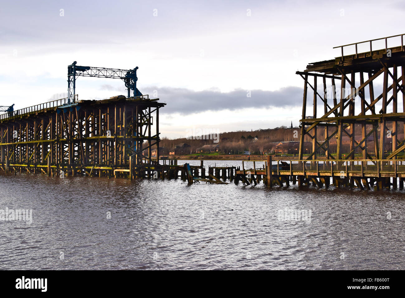 The Dunston Staiths on the river Tyne, Gateshead, North East England, showing section damaged by fire. Stock Photo