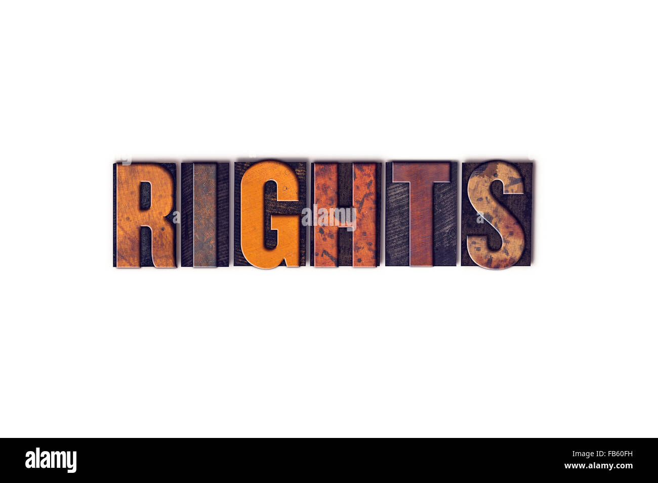 The word Rights written in isolated vintage wooden letterpress type on a white background