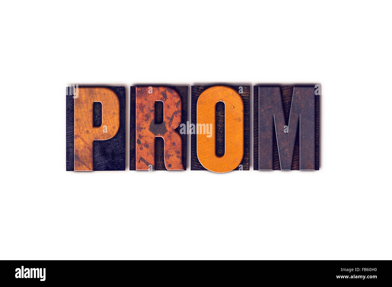 The word 'Prom' written in isolated vintage wooden letterpress type on a white background. Stock Photo