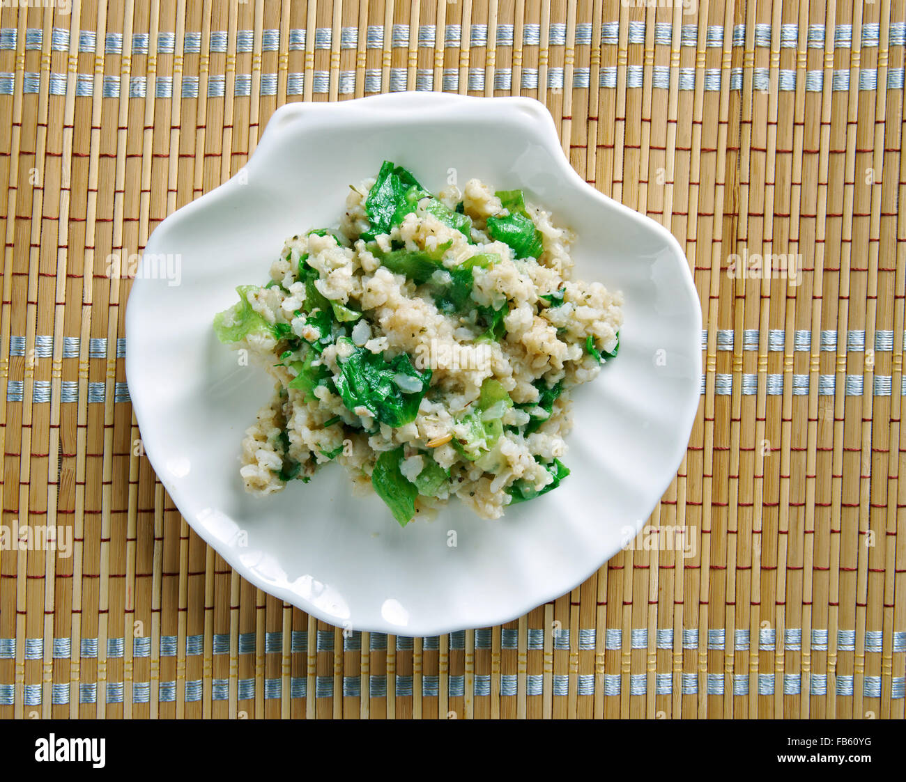 Babenda flavor of funky rice, dried or smoked fish, and bitter greens