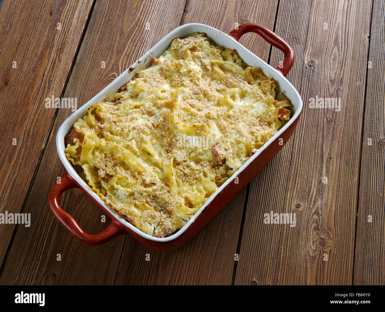 Baked Lokshyna Ukranian Pasta Bake.cooked egg noodles and bacon