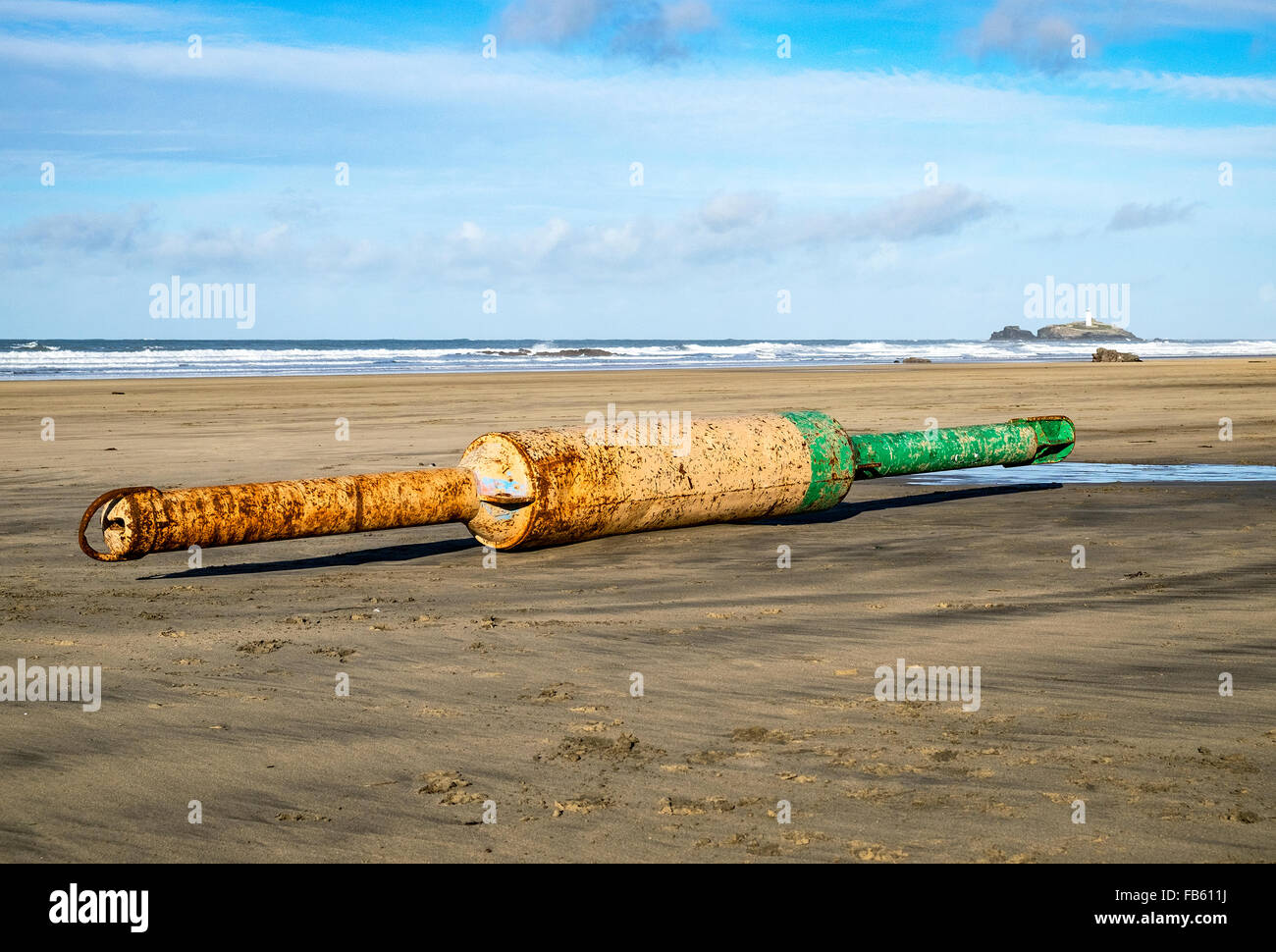 a spar buoy washed up at gwithian beach in cornwall, uk Stock Photo