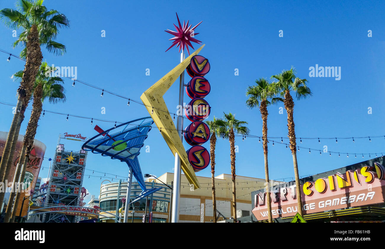 Start of Fremont Street, the 'Fremont Experience,' in downtown ('old') Las Vegas. Stock Photo